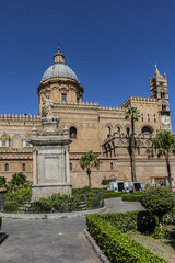 Fototapeta na wymiar Monument of Santa Rosalia (patron saint of Palermo city, 1744) in front of Palermo Cathedral Santa Vergine Maria Assunta. Palermo, Sicily, Italy.