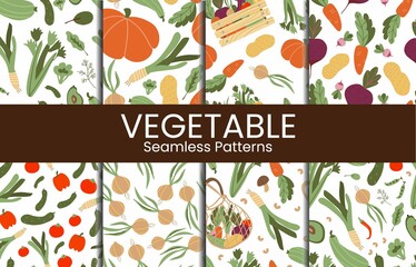Vegetable seamless pattern collection. Autumn harvest, vegan eco farm food basket bag greens line doodle cartoon background. Creative design textile, wrapping paper, wallpaper vector texture set
