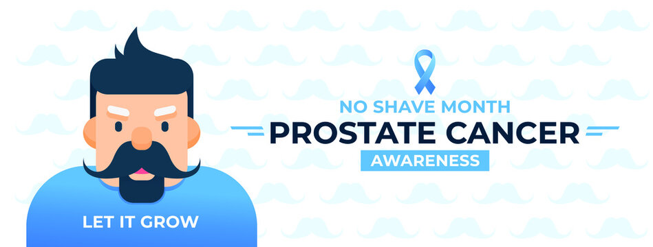 Prostate cancer awareness month. Poster with moustache and blue ribbon.