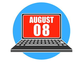 august 8th. Day 8 of month, Laptop with date on screen summer month, day of the year concept