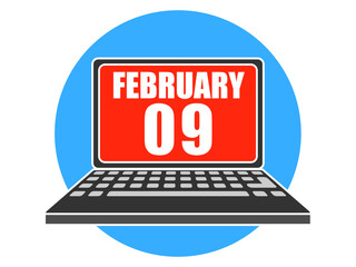 february 9th. Day 9 of month, Laptop with date on screen winter month, day of the year concept