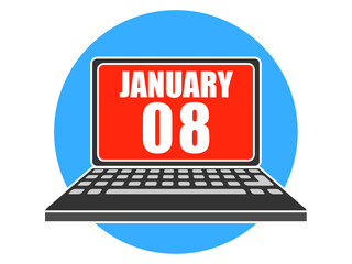 january 8th. Day 8 of month, Laptop with date on screen winter month, day of the year concept