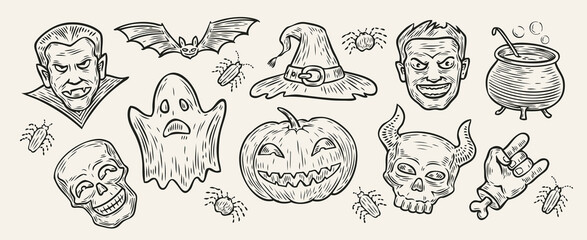 Halloween concept. Hand-drawn symbols vintage vector illustration