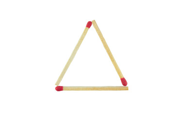 triangle shape of red matchsticks isolated on white background, Top view. Mockup. Flat lay...
