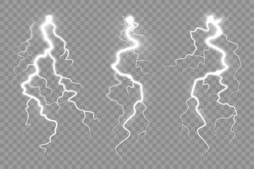 Realistic lightning collection on transparent background. Thunderstorm and lightning bolt. Sparks of light. Stormy weather effect. Vector illustration.