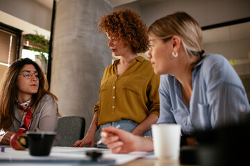 Businesswomen working on a new project. Colleagues discussing work in office.
