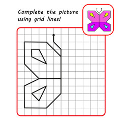Educational game for kids. Simple exercise. Butterfly drawing using grid. Vector illustration.