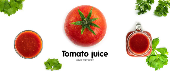 Tomato juice with parsley springs on white background. Long header banner format. Panorama website header banner. High quality photo