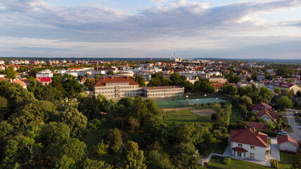 The view of the school in the city from a drone.
