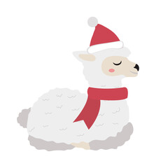 Cute llama christmas icon flat, cartoon style. Vector illustration