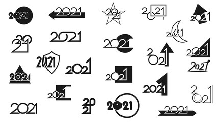 Set of black happy new year 2021 icons made in different styles and compositions
