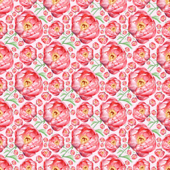 Fototapeta premium Peony flower. Seamless pattern. Botanical illustration. Watercolor painting. Packaging design, textile and fabric design, wallpaper design, wrapping paper, stationery and web design.