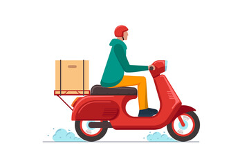 Express delivery service courier on scooter concept. Online fast logistic male on bicycle moped with orders parcel box. Goods or food carrying vector isolated flat illustration