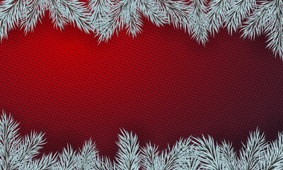 Happy New Year poster. Banner with snow and branches of christmas tree. Christmas design, decor. Knitted background. Vector illustration.