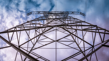 Power tower with high voltage lines.