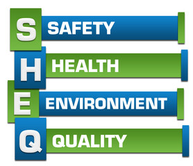 SHEQ - Safety Health Environment Quality Green Blue Blocks Left Boxes Text 