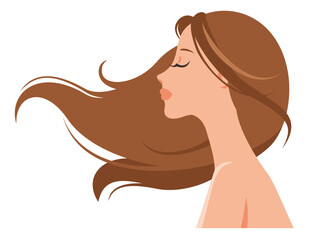 Profile of a beautiful woman with long hair fluttering in front. Vector illustration isolated on white background.