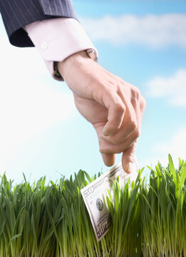 Closeup Of A Businessman Picking Up Fifty Dollar Bill From Grass Against The Sky