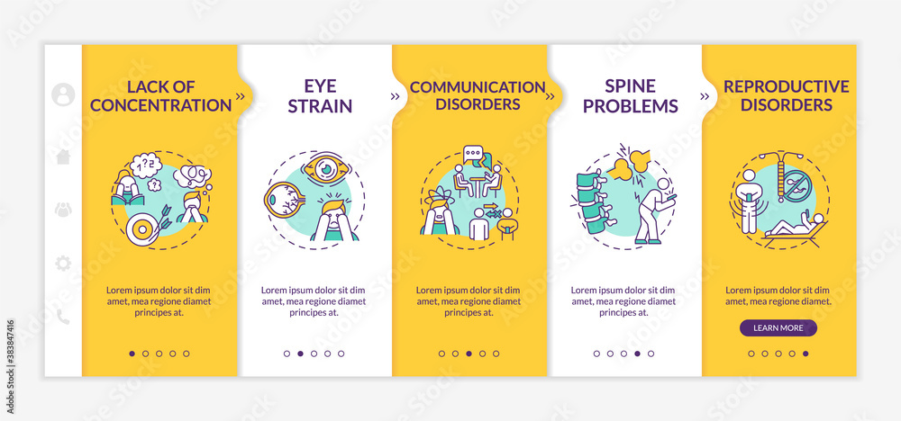 Poster screen addiction side-effects onboarding vector template. lack concentration. communication disorder