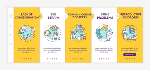 Screen addiction side-effects onboarding vector template. Lack concentration. Communication disorders. Responsive mobile website with icons. Webpage walkthrough step screens. RGB color concept
