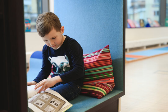 Boy reading book in library