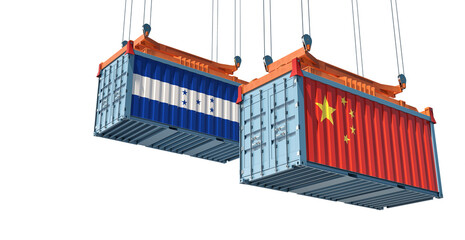 Freight containers with Honduras and China national flags. 3D Rendering