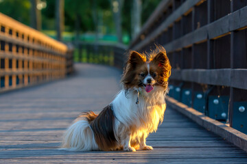 dog on bridge, papillion