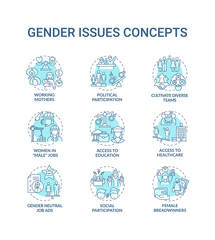 Gender issues concept icons set. Changing gender roles. Social participation. Sex issues types idea thin line RGB color illustrations. Vector isolated outline drawings. Editable stroke