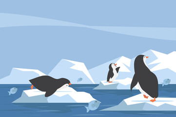 North pole Arctic penguin  iceberg with fish