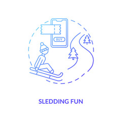 Sledding fun concept icon. Hygge lifestyle idea thin line illustration. Family leisure time. Winter outdoor activity. Enjoying life simple pleasures. Vector isolated outline RGB color drawing