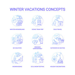 Winter vacations concept icons set. Holiday pastime idea thin line RGB color illustrations. Ice and snow festival. Ski vacation. Ice skating. Holiday decorations. Vector isolated outline drawings