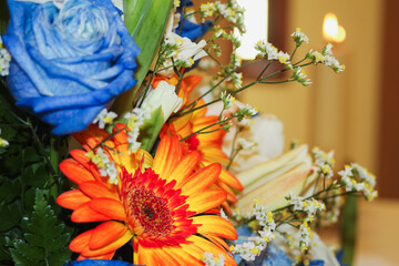 Colorful and beautiful bouquet of flowers for celebration in Christian church such as baptism, wedding or communion.