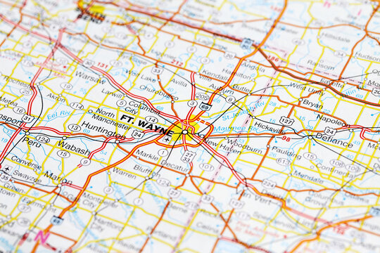 Fort Wayne city road map area. Closeup macro view
