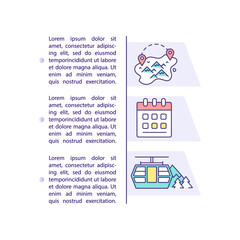 Mountain trip concept icon with text. Winter vacations. Funicular. Travel weekend. PPT page vector template. Brochure, magazine, booklet design element with linear illustrations