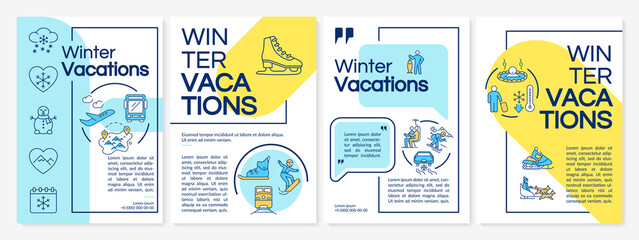 Winter vacations brochure template. Spending trip time ways. Flyer, booklet, leaflet print, cover design with linear icons. Vector layouts for magazines, annual reports, advertising posters