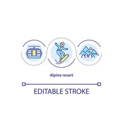 Alpine resort concept icon. Winter mountains holiday. Snowboarding. Funicular. Extreme travel idea thin line illustration. Vector isolated outline RGB color drawing. Editable stroke