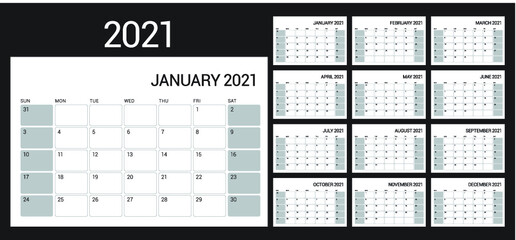 Year 2021 desk calendar vector illustration, simple and clean design. 
