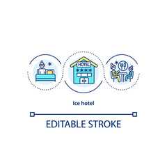 Ice hotel concept icon. Arctic guesthouse. Cold season. Friendly trip. Winter vacations idea thin line illustration. Vector isolated outline RGB color drawing. Editable stroke
