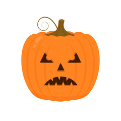 Halloween Pumpkin with scary face icon isolated on white. Cute cartoon Jack-o -Lantern. Halloween party decorations. Easy to edit vector template