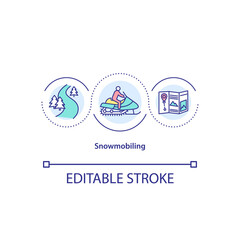 Snowmobiling concept icon. Extreme hobby. Snowmobile tour. Mountains trip. Winter sport activity idea thin line illustration. Vector isolated outline RGB color drawing. Editable stroke