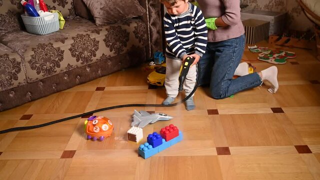 Mom disinfects toys for the child. High quality video