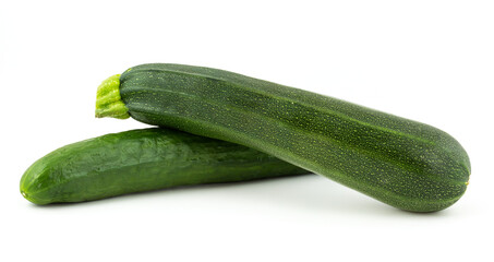 Green cucumber and green zucchini isolated on a white background.