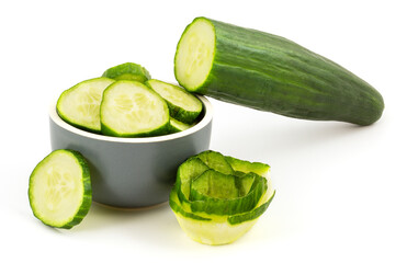 Sliced green cucumber isolated on a white background.