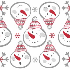 Vector seamless new year christmas pattern. Heads of snowmen in caps design for printing on paper, textiles, packaging, wallpaper.