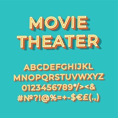 Movie theater vintage 3d vector alphabet set. Retro bold font, typeface. Pop art stylized lettering. Old school style letters, numbers, symbols pack. 90s, 80s creative typeset design template