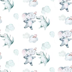 Wallpaper murals Elephant Watercolor seamless tropical pattern with dancing elephant and crocodile african jungle animals on white background. Childish Africa animal illustration. Happy birthday,celebration concept.