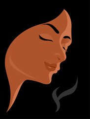 A beautiful girl enjoys the aroma of coffee. Eyes closed with pleasure. Vector illustration with dark background.