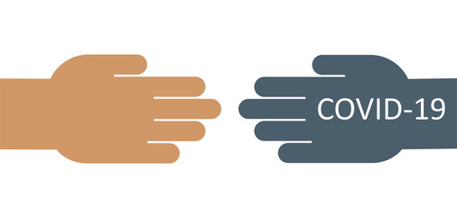 Corona infection through the hands. Dangerous contact with a patient with COVID-19. Vector flat illustration.