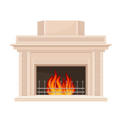Stone Fireplace or Hearth with Mantelpiece and Burning Fire Vector Illustration