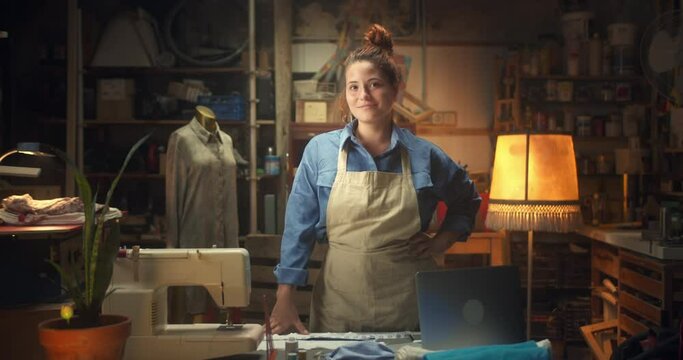 Successful happy entrepreneur designer female standing looking to camera in workshop, cheerful young woman smiling creative fashion clothes designer tailor in cozy studio indoors at workplace